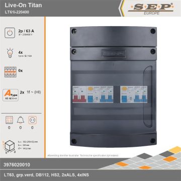 SEP Europe - Live-On Titan, LT61i-220400, 63A, 3-fase groepenkast, 4-lichtgroepen, technische gegevens
