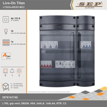 SEP Europe - Live-On Titan, LT622a-400301-BC2, 63A, 3-fase groepenkast, 3-lichtgroepen, 1-krachtgroepen, 1-beltrafo,  2V-contactdoos, technische gegevens