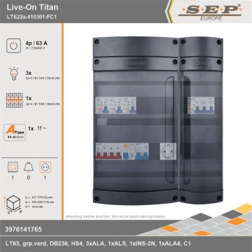 SEP Europe - Live-On Titan, LT622a-410301-FC1, 63A, 3-fase groepenkast, 3-lichtgroepen, 1-krachtgroepen, 1-fornuisgroep,  1V-contactdoos, technische gegevens
