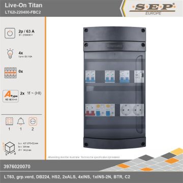 SEP Europe - Live-On Titan, LT62i-220400-FBC2, 63A, 3-fase groepenkast, 4-lichtgroepen, 1-fornuisgroep, 1-beltrafo,  2V-contactdoos, technische gegevens