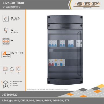 SEP Europe - Live-On Titan, LT62i-220500-FB, 63A, 3-fase groepenkast, 5-lichtgroepen, 1-fornuisgroep, 1-beltrafo, technische gegevens