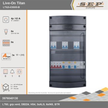 SEP Europe - Live-On Titan, LT62i-430600-B, 63A, 3-fase groepenkast, 6-lichtgroepen, 1-beltrafo, technische gegevens