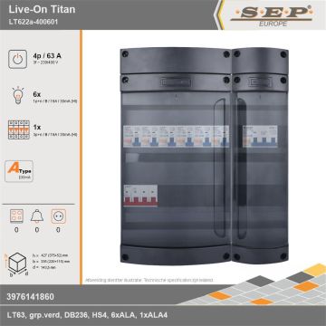 SEP Europe - Live-On Titan, LT622a-400601, 63A, 3-fase groepenkast, 6-lichtgroepen, 1-krachtgroepen, technische gegevens