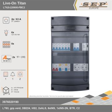 SEP Europe - Live-On Titan, LT62i-220600-FBC2, 63A, 3-fase groepenkast, 6-lichtgroepen, 1-fornuisgroep, 1-beltrafo,  2V-contactdoos, technische gegevens