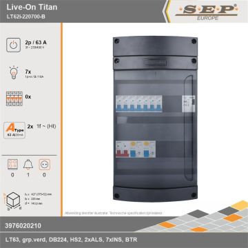SEP Europe - Live-On Titan, LT62i-220700-B, 63A, 3-fase groepenkast, 7-lichtgroepen, 1-beltrafo, technische gegevens