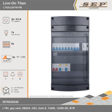 SEP Europe - Live-On Titan, LT62i-220700-FB, 63A, 3-fase groepenkast, 7-lichtgroepen, 1-fornuisgroep, 1-beltrafo, technische gegevens