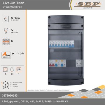 SEP Europe - Live-On Titan, LT62i-220700-FC1, 63A, 3-fase groepenkast, 7-lichtgroepen, 1-fornuisgroep,  1V-contactdoos, technische gegevens