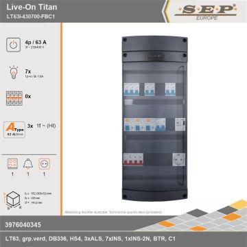 SEP Europe - Live-On Titan, LT63i-430700-FBC1, 63A, 3-fase groepenkast, 7-lichtgroepen, 1-fornuisgroep, 1-beltrafo,  1V-contactdoos, technische gegevens
