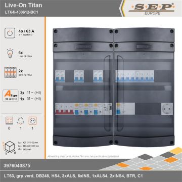SEP Europe - Live-On Titan, LT64i-430612-BC1, 63A, 3-fase groepenkast, 6-lichtgroepen, 2-krachtgroepen, 1-beltrafo,  1V-contactdoos, technische gegevens