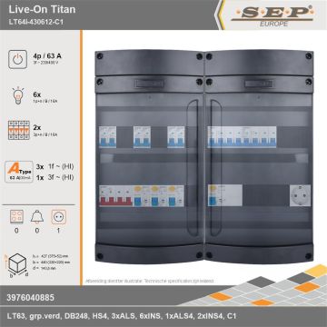 SEP Europe - Live-On Titan, LT64i-430612-C1, 63A, 3-fase groepenkast, 6-lichtgroepen, 2-krachtgroepen,  1V-contactdoos, technische gegevens