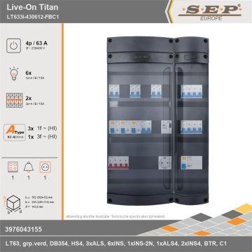 SEP Europe - Live-On Titan, LT633i-430612-FBC1, 63A, 3-fase groepenkast, 6-lichtgroepen, 2-krachtgroepen, 1-fornuisgroep, 1-beltrafo,  1V-contactdoos, technische gegevens