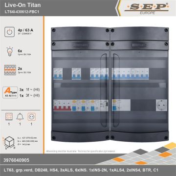 SEP Europe - Live-On Titan, LT64i-430612-FBC1, 63A, 3-fase groepenkast, 6-lichtgroepen, 2-krachtgroepen, 1-fornuisgroep, 1-beltrafo,  1V-contactdoos, technische gegevens
