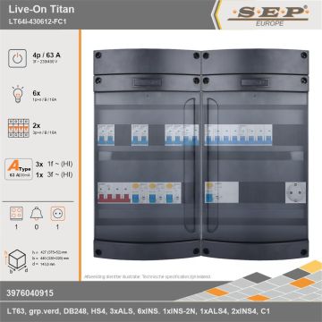 SEP Europe - Live-On Titan, LT64i-430612-FC1, 63A, 3-fase groepenkast, 6-lichtgroepen, 2-krachtgroepen, 1-fornuisgroep,  1V-contactdoos, technische gegevens