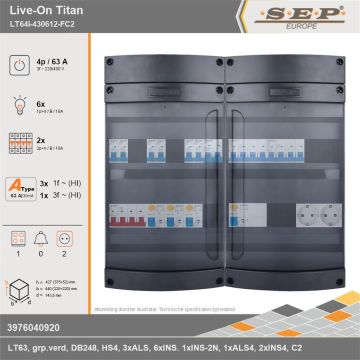 SEP Europe - Live-On Titan, LT64i-430612-FC2, 63A, 3-fase groepenkast, 6-lichtgroepen, 2-krachtgroepen, 1-fornuisgroep,  2V-contactdoos, technische gegevens