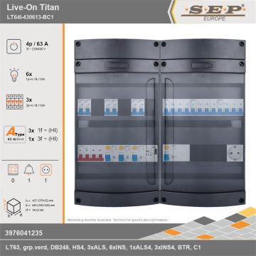 SEP Europe - Live-On Titan, LT64i-430613-BC1, 63A, 3-fase groepenkast, 6-lichtgroepen, 3-krachtgroepen, 1-beltrafo,  1V-contactdoos, technische gegevens