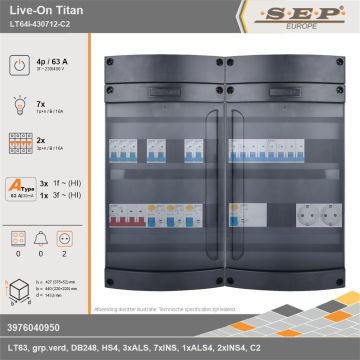 SEP Europe - Live-On Titan, LT64i-430712-C2, 63A, 3-fase groepenkast, 7-lichtgroepen, 2-krachtgroepen,  2V-contactdoos, technische gegevens
