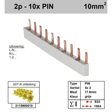 Schotman Elektro - SEP aansluitrail 2 fase PIN 5x2 aansluitingen 17.8mm