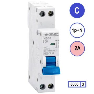 SEP INS18-C02, installatieautomaat 1p+n C2 6kA, 18mm, 1 modulen