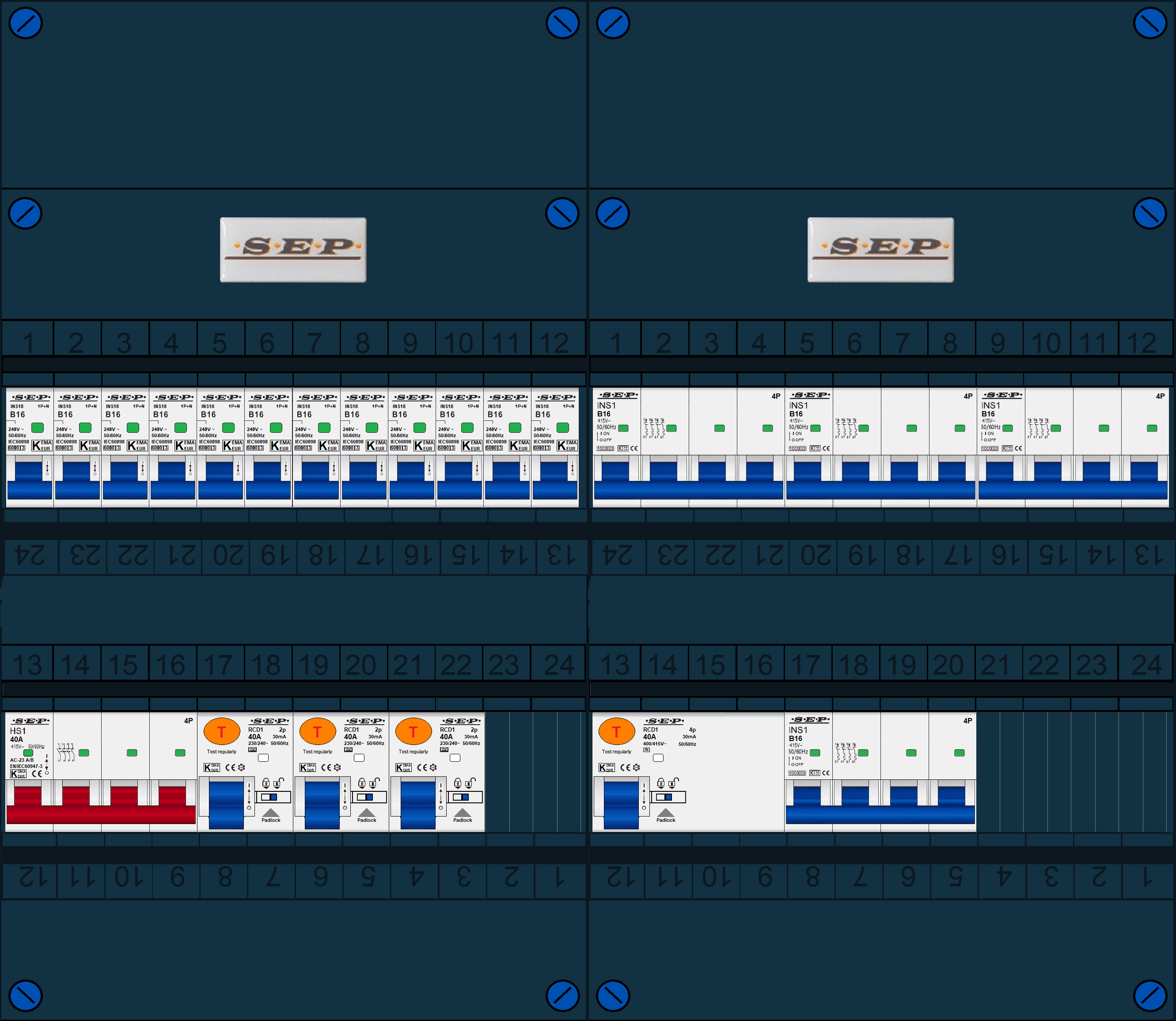 Schotman Elektro B.V. - SEP FS40A, 1xHoofdschakelaar, 4xAardlekschakelaar, 12xInstallatieautomaat, 4xKracht installatieautomaat, 3 Fase