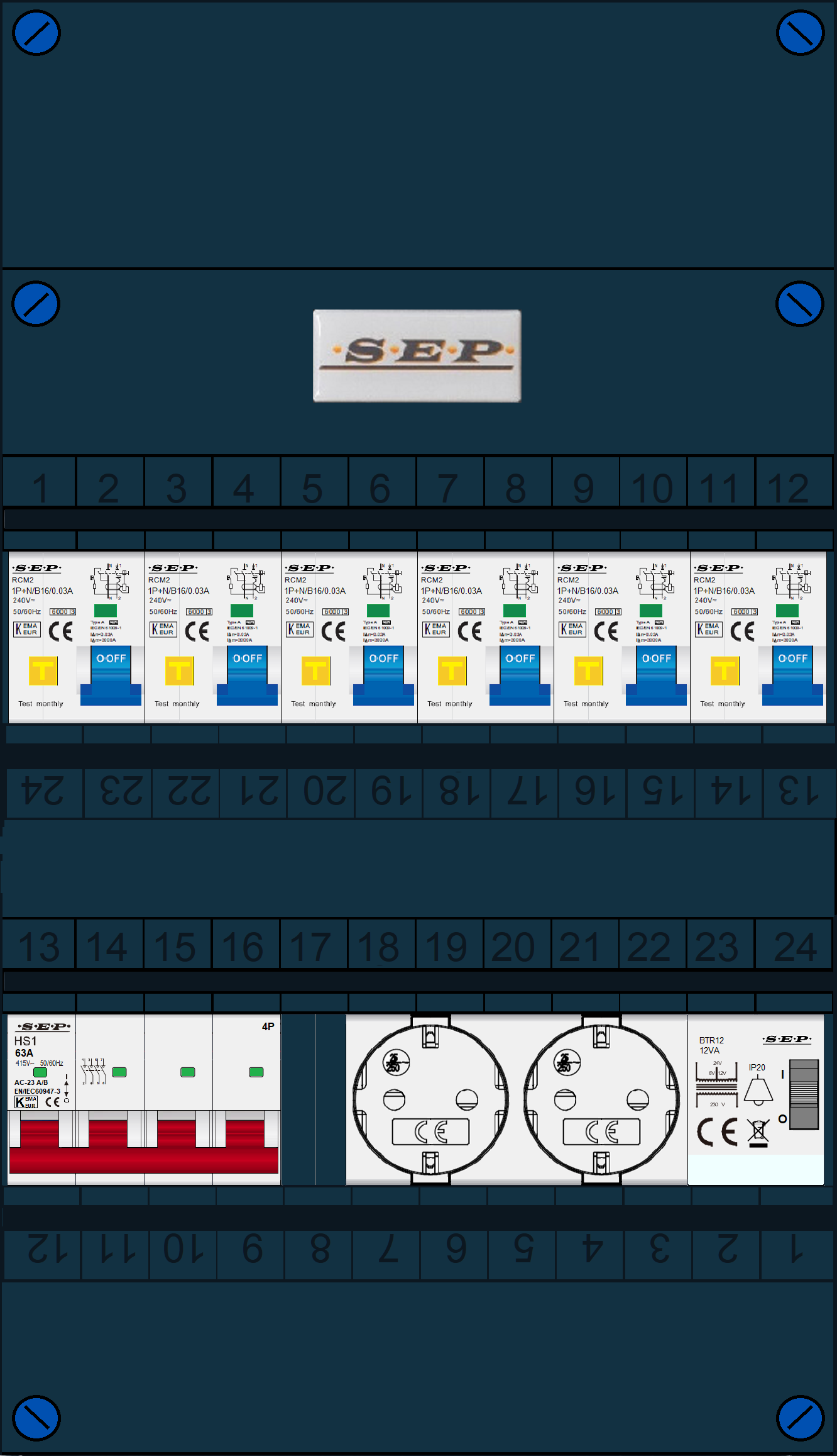 Schotman Elektro B.V. - SEP FS63A, 1xHoofdschakelaar, 6xAardlekautomaat, 1xBeltrafo, 2xContactdoos, 3 Fase