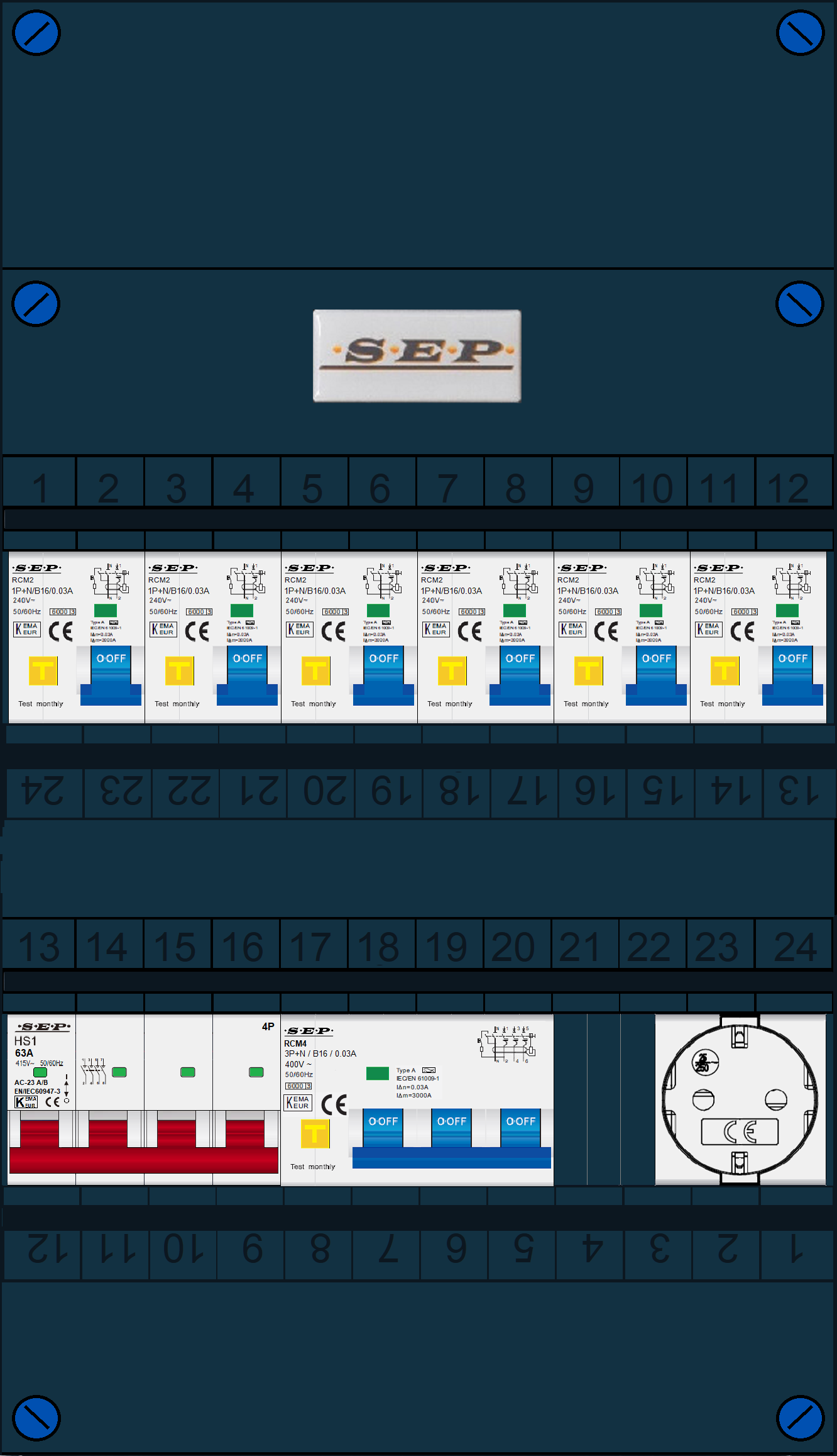 Schotman Elektro B.V. - SEP FS63A, 1xHoofdschakelaar, 6xAardlekautomaat, 1xKracht aardlekautomaat, 1xContactdoos, 3 Fase