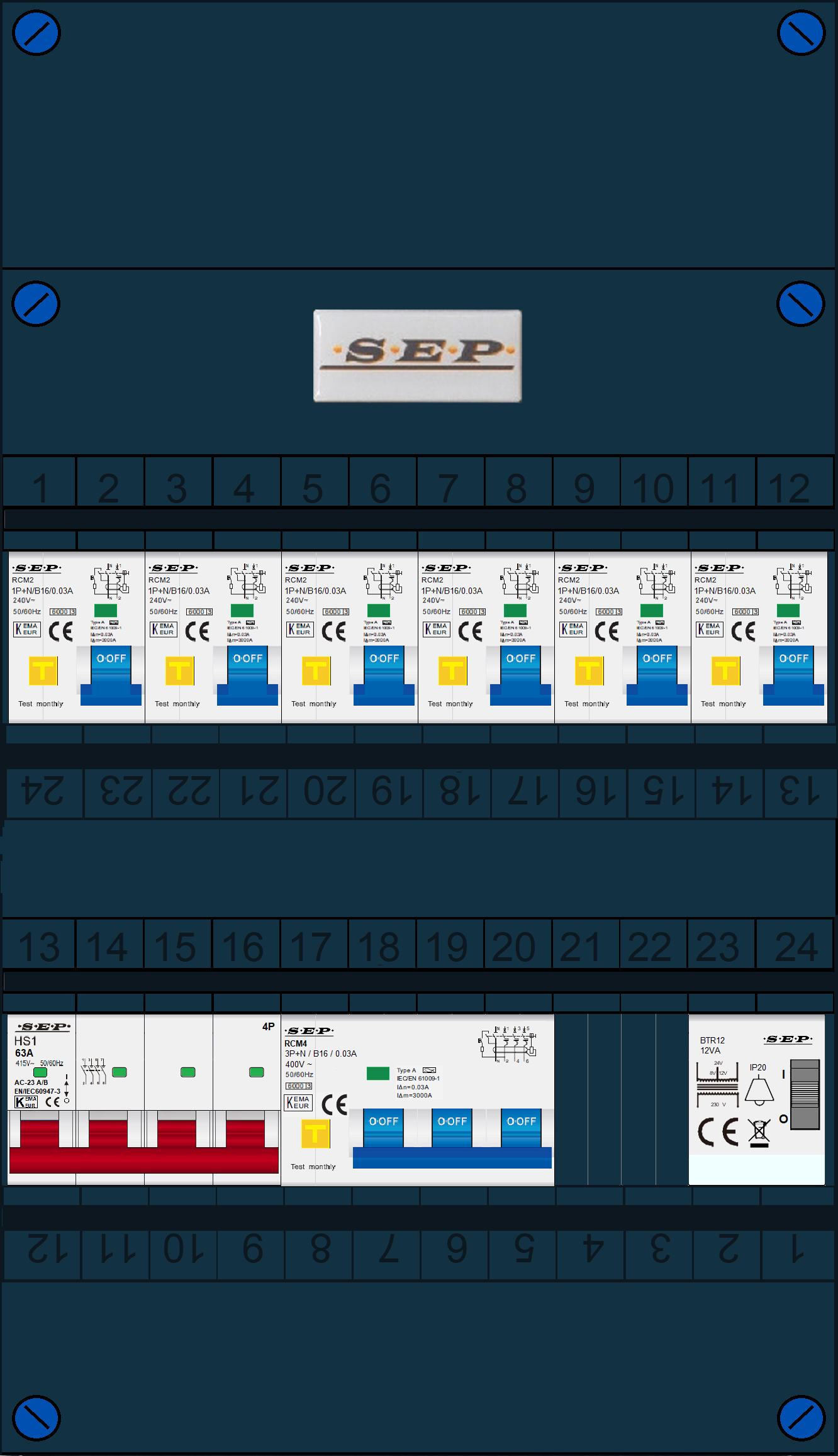 Schotman Elektro B.V. - SEP FS63A, 1xHoofdschakelaar, 6xAardlekautomaat, 1xKracht aardlekautomaat, 1xBeltrafo, 3 Fase