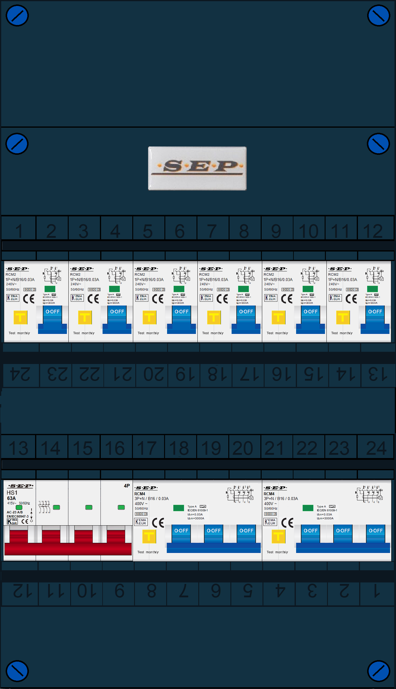 Schotman Elektro B.V. - SEP FS63A, 1xHoofdschakelaar, 6xAardlekautomaat, 1xKracht aardlekautomaat, 3 Fase