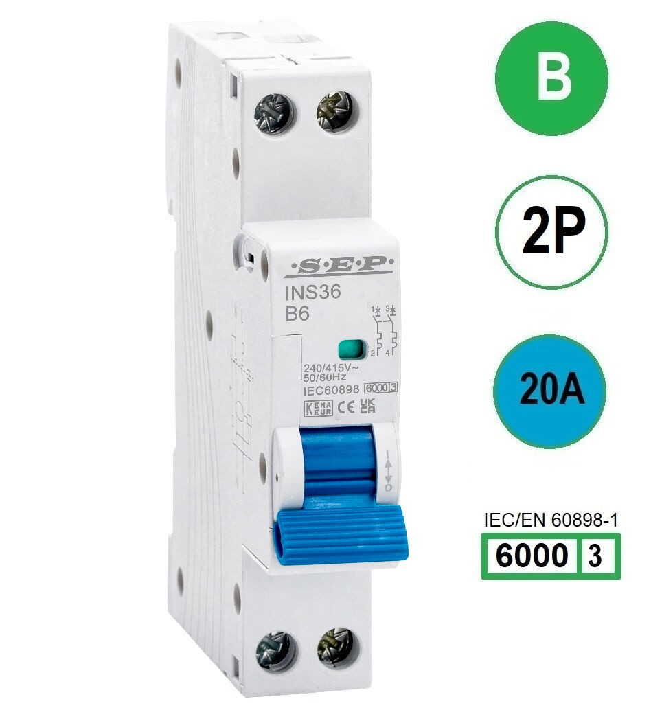 SEP INS36-2B20, installatieautomaat 2p B20 6kA, 18mm, 1 modulen