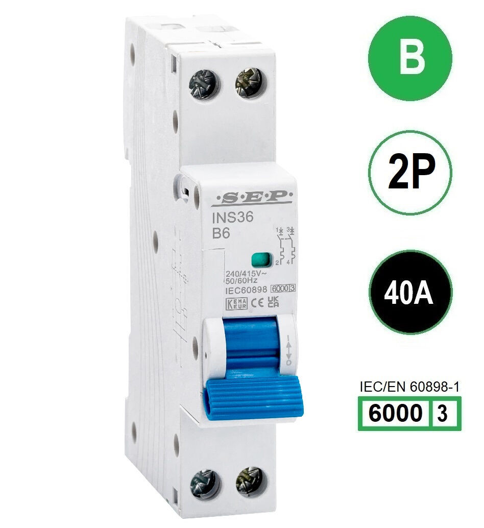 SEP INS36-2B40, installatieautomaat 2p B40 6kA, 18mm, 1 modulen