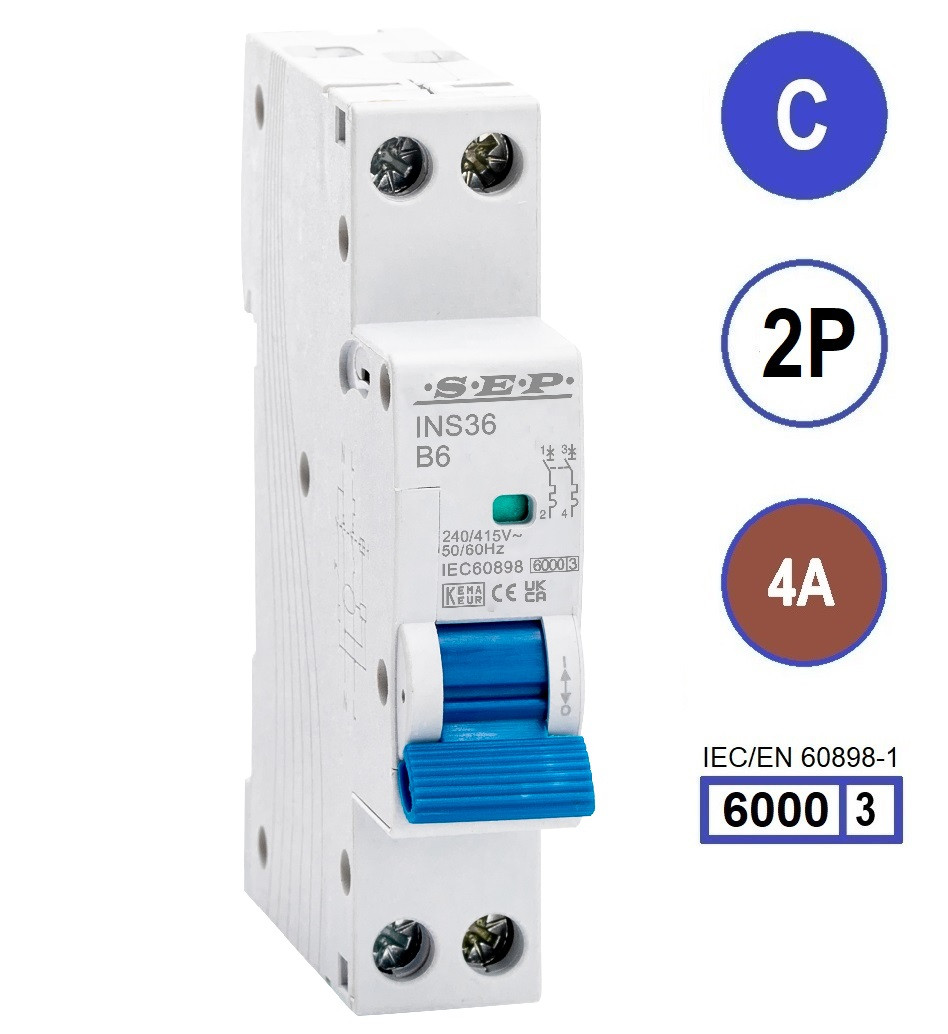 SEP INS36-2C04, installatieautomaat 2p C4 6kA, 18mm, 1 modulen