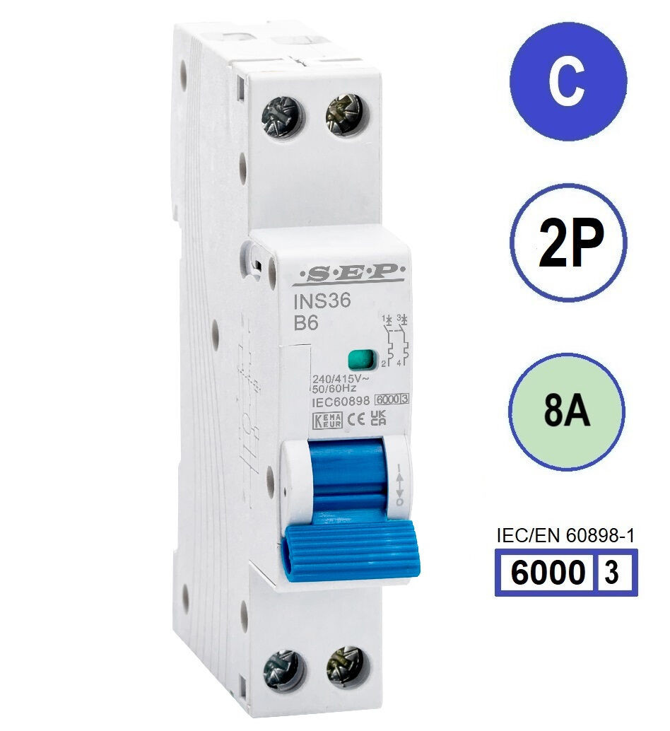 SEP INS36-2C08, installatieautomaat 2p C8 6kA, 18mm, 1 modulen