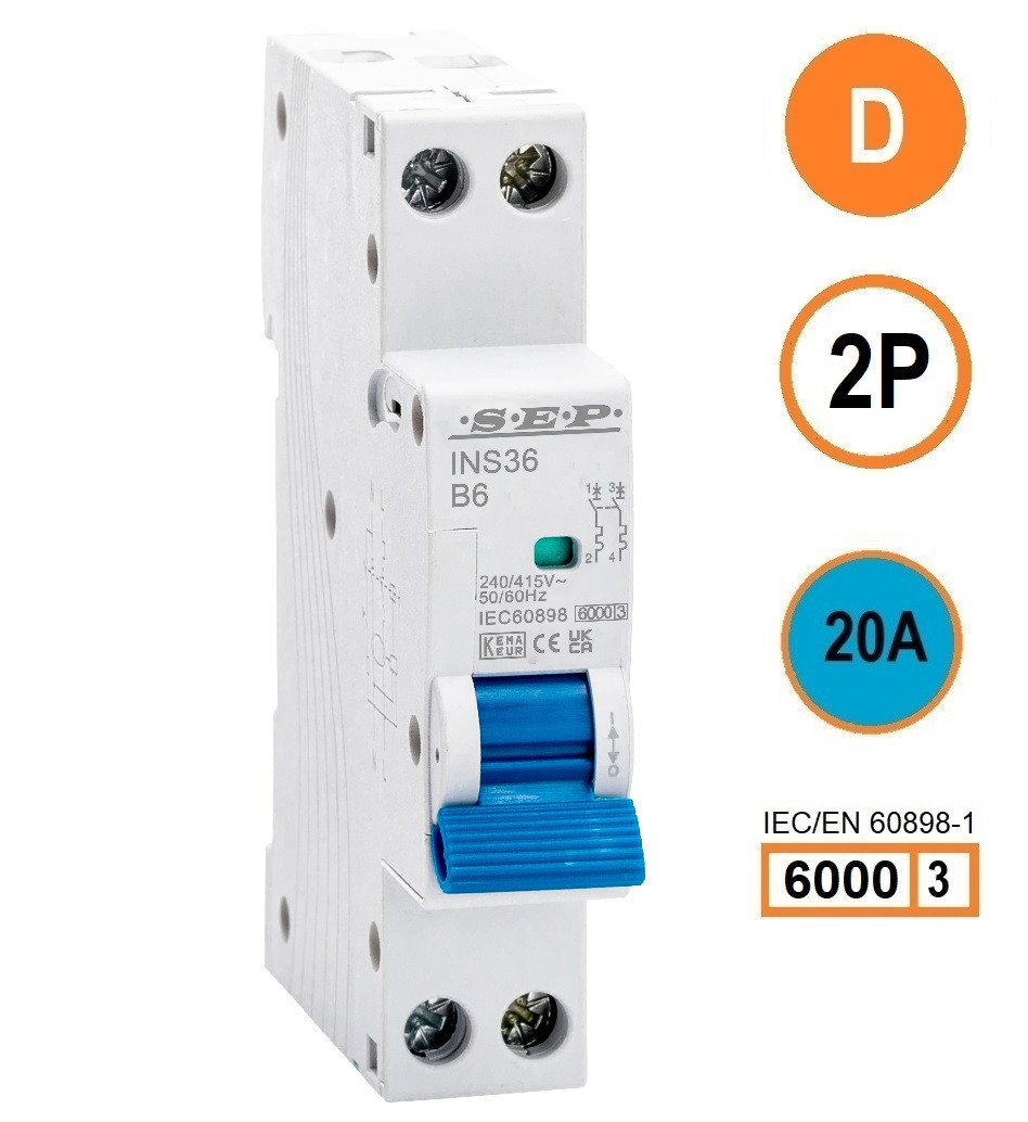 SEP INS36-2D20, installatieautomaat 2p D20 6kA, 18mm, 1 modulen