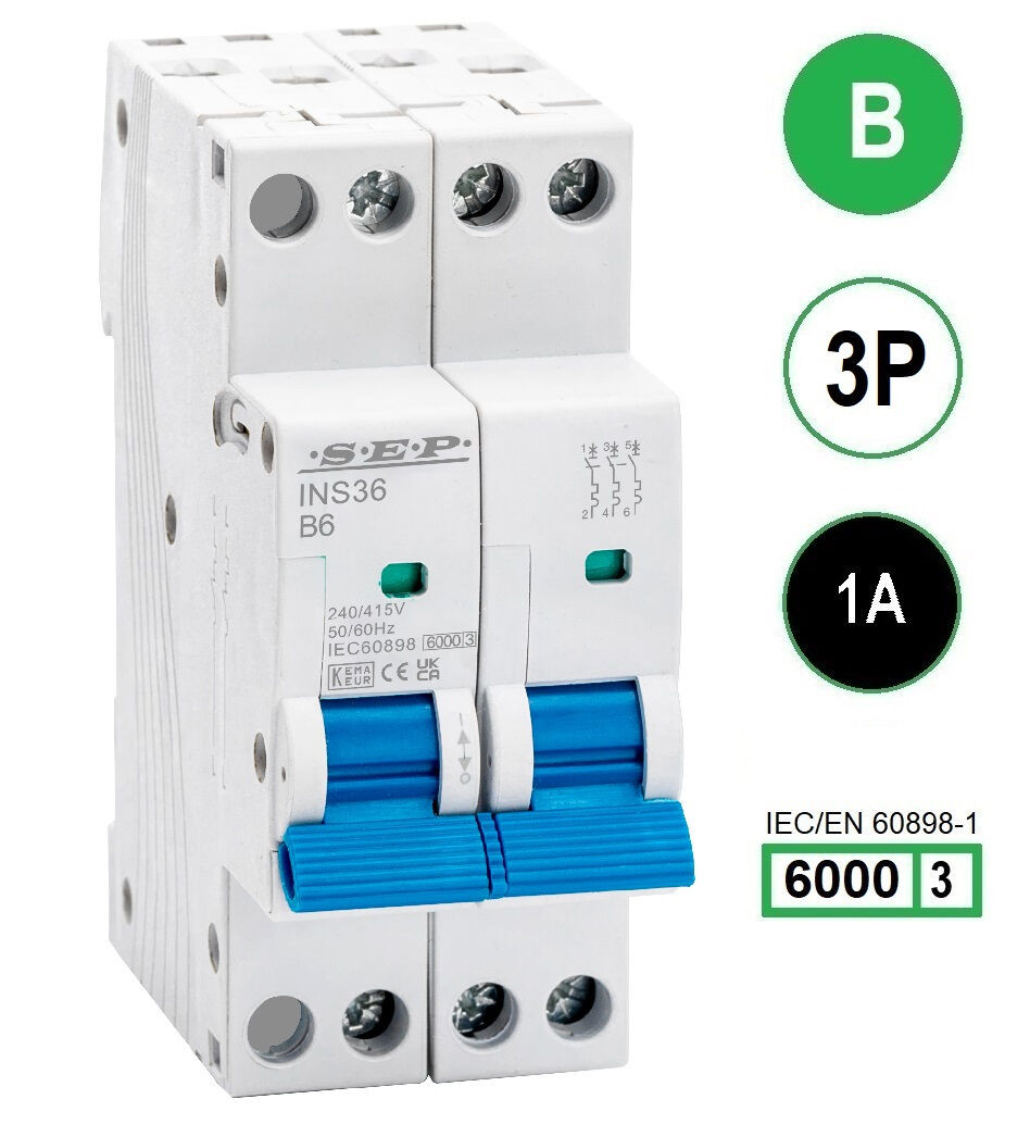 SEP INS36-3B01, installatieautomaat 3p B1 6kA, 36mm, 2 modulen