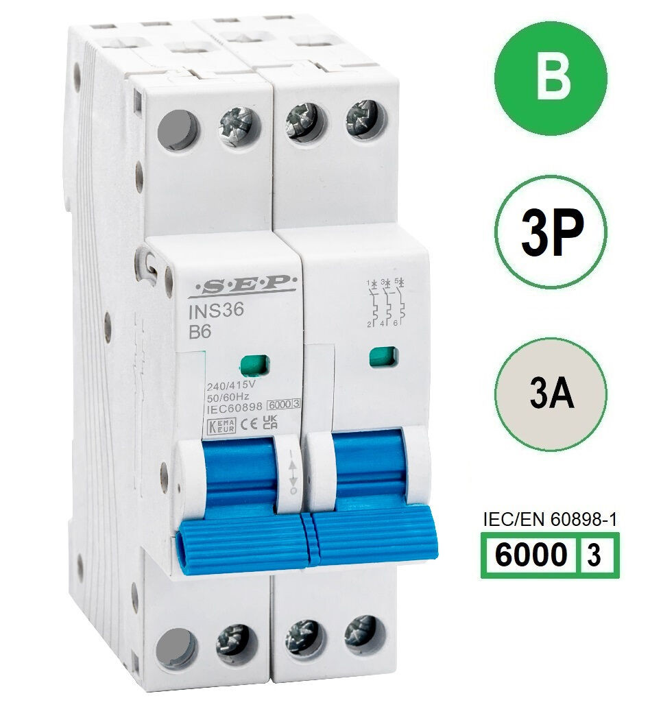 SEP INS36-3B03, installatieautomaat 3p B3 6kA, 36mm, 2 modulen