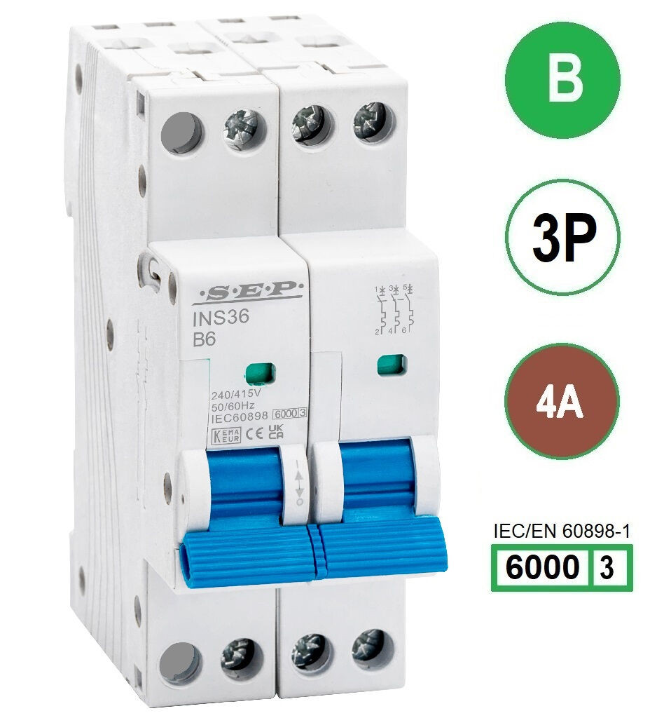 SEP INS36-3B04, installatieautomaat 3p B4 6kA, 36mm, 2 modulen
