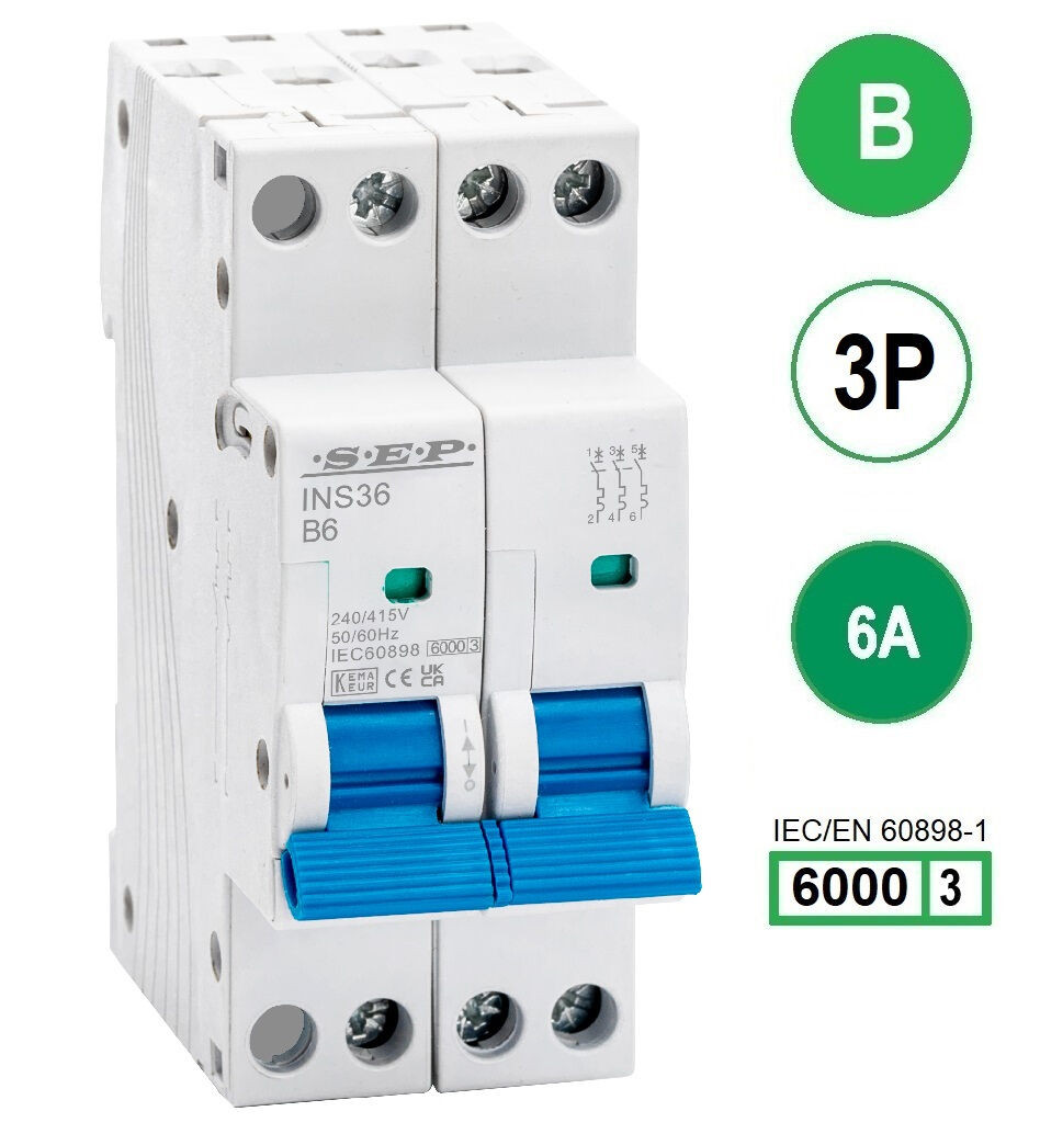 SEP INS36-3B06, installatieautomaat 3p B6 6kA, 36mm, 2 modulen