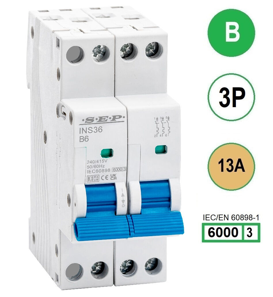 SEP INS36-3B13, installatieautomaat 3p B13 6kA, 36mm, 2 modulen
