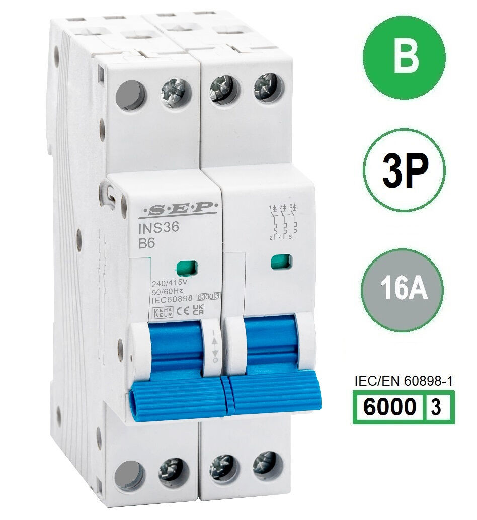 SEP INS36-3B16, installatieautomaat 3p B16 6kA, 36mm, 2 modulen