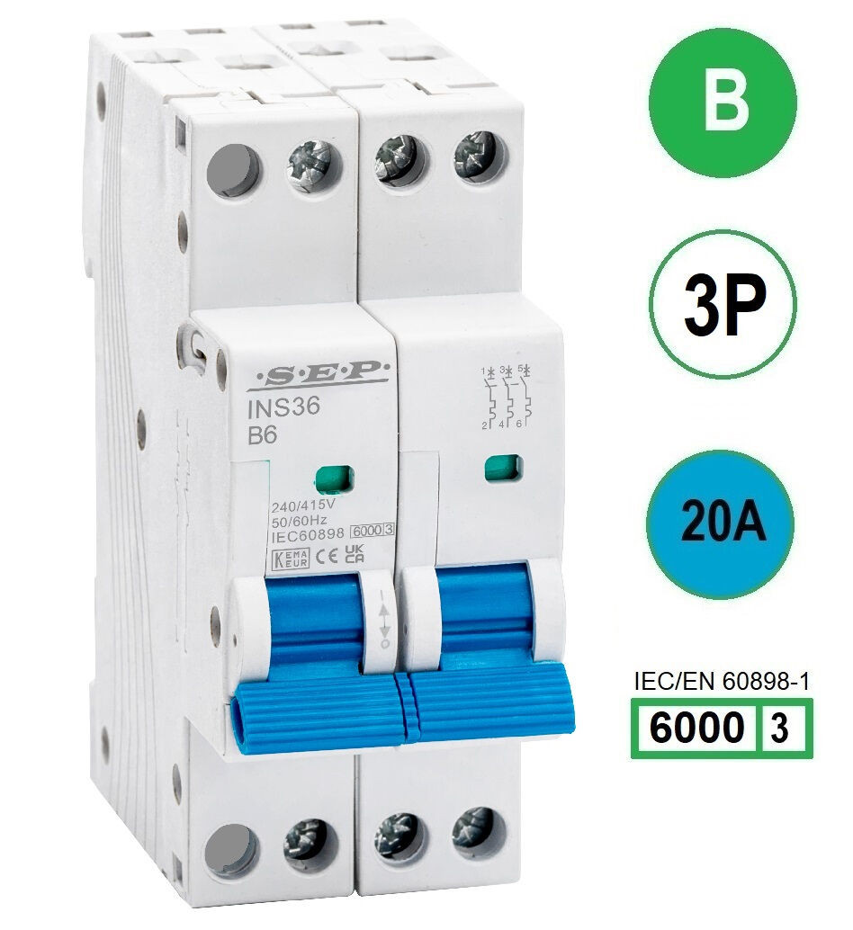 SEP INS36-3B20, installatieautomaat 3p B20 6kA, 36mm, 2 modulen