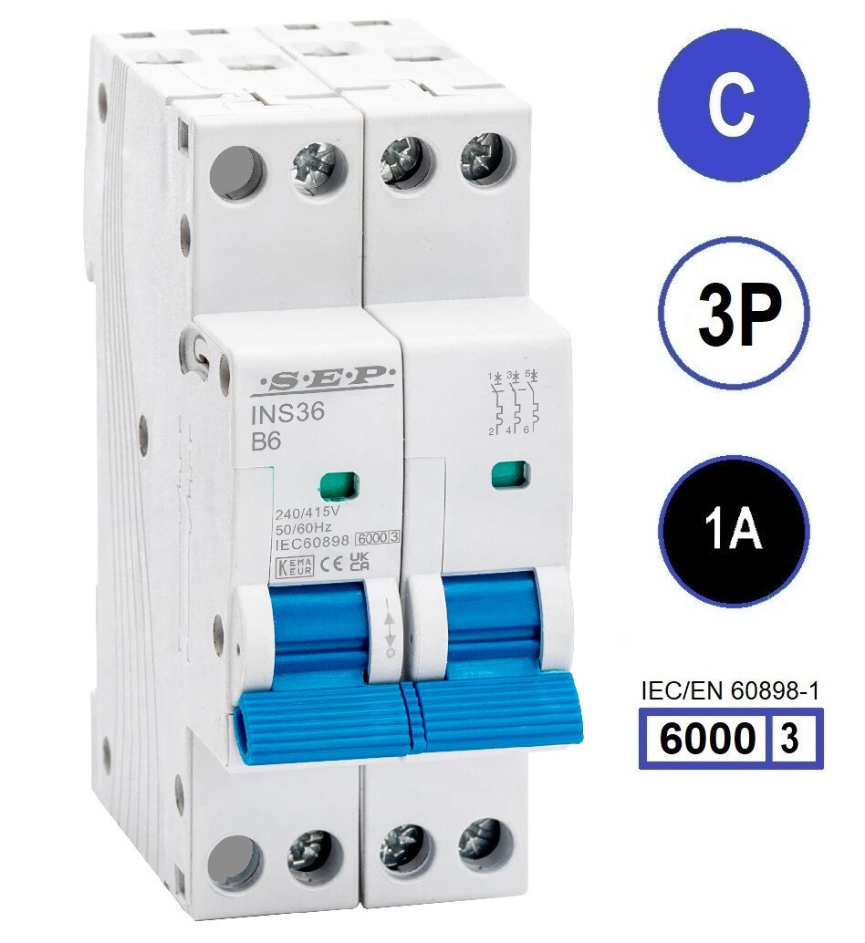 SEP INS36-3C01, installatieautomaat 3p C1 6kA, 36mm, 2 modulen