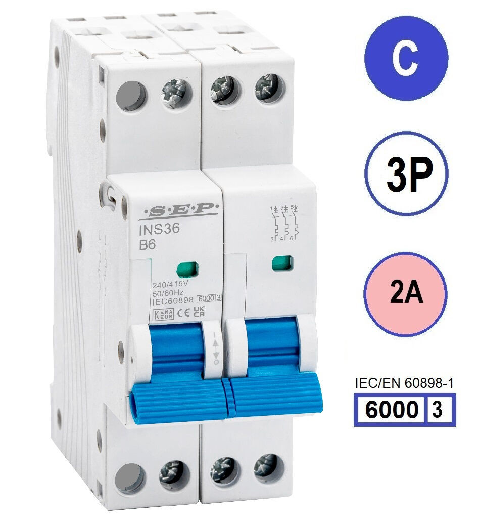 SEP INS36-3C02, installatieautomaat 3p C2 6kA, 36mm, 2 modulen