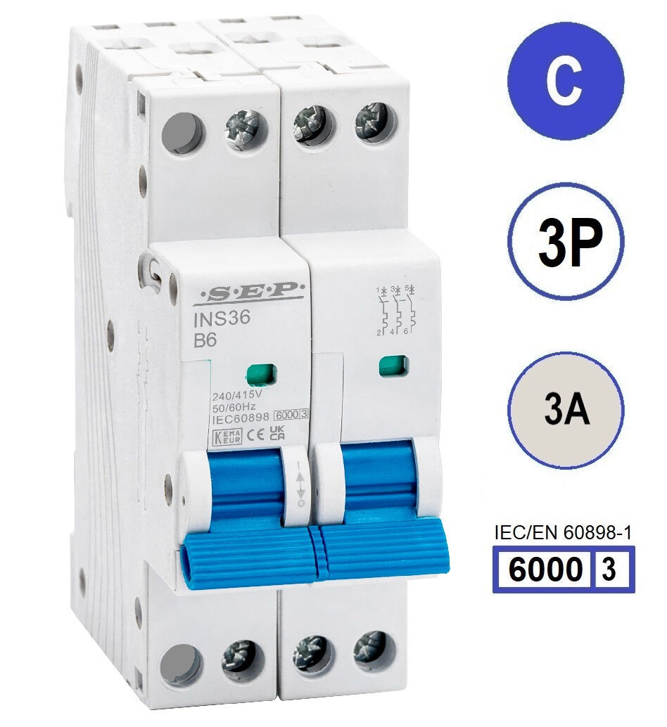 SEP INS36-3C03, installatieautomaat 3p C3 6kA, 36mm, 2 modulen