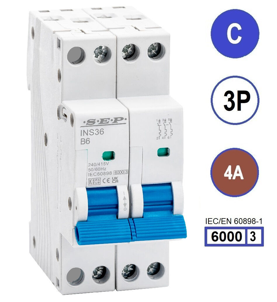 SEP INS36-3C04, installatieautomaat 3p C4 6kA, 36mm, 2 modulen
