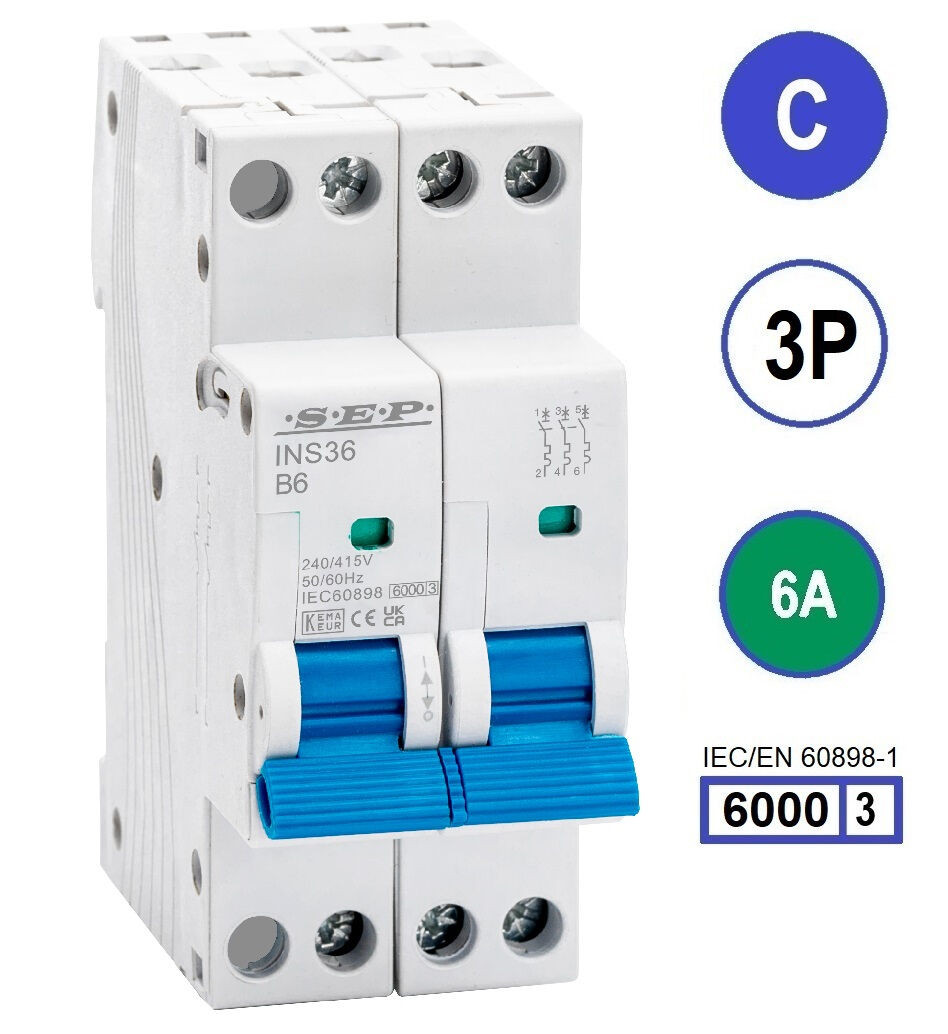 SEP INS36-3C06, installatieautomaat 3p C6 6kA, 36mm, 2 modulen