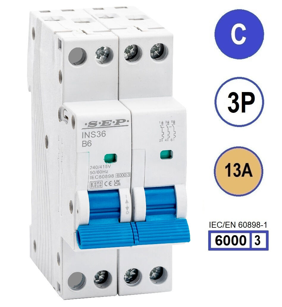 SEP INS36-3C13, installatieautomaat 3p C13 6kA, 36mm, 2 modulen