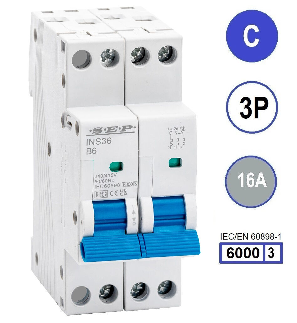 SEP INS36-3C16, installatieautomaat 3p C16 6kA, 36mm, 2 modulen