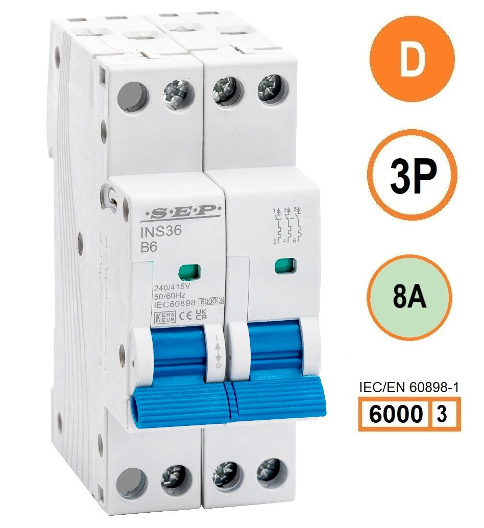 SEP INS36-3D08, installatieautomaat 3p D8 6kA, 36mm, 2 modulen