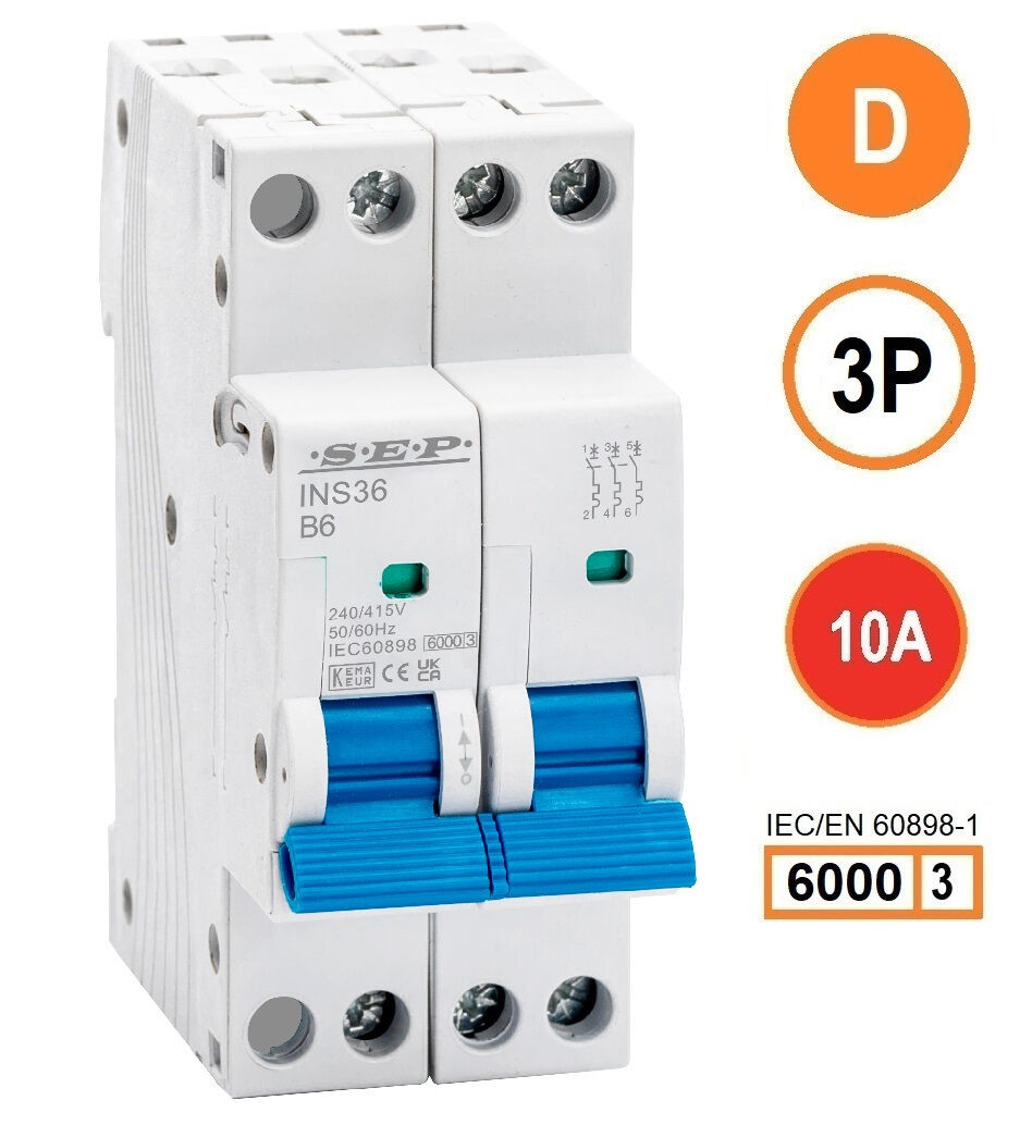 SEP INS36-3D10, installatieautomaat 3p D10 6kA, 36mm, 2 modulen