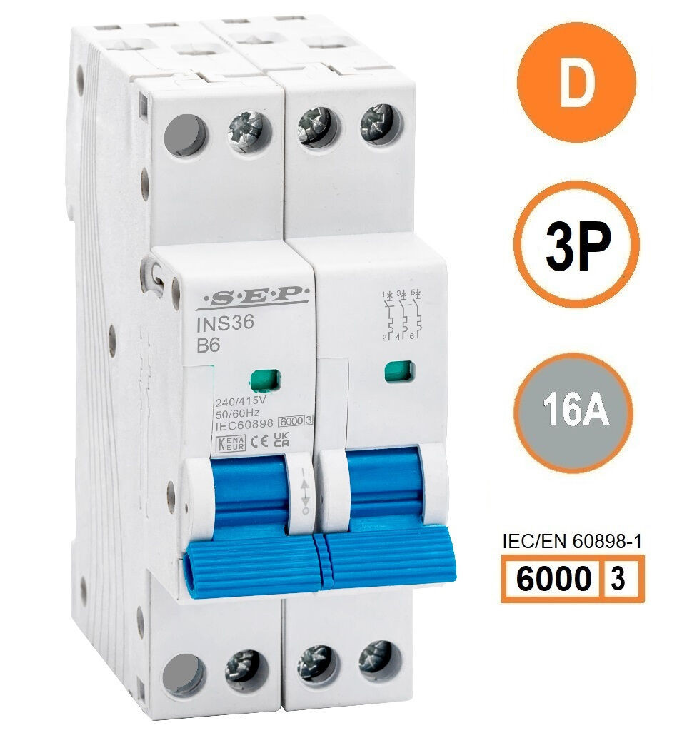 SEP INS36-3D16, installatieautomaat 3p D16 6kA, 36mm, 2 modulen