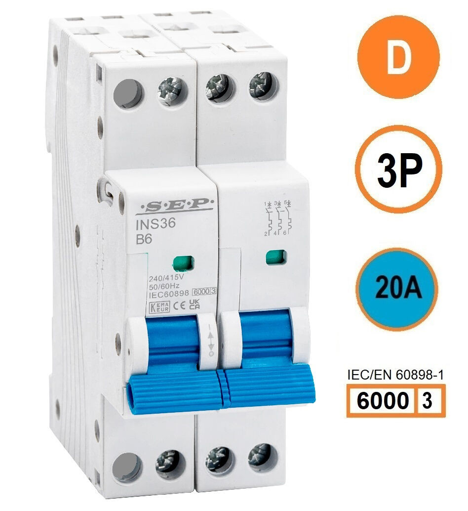 SEP INS36-3D20, installatieautomaat 3p D20 6kA, 36mm, 2 modulen